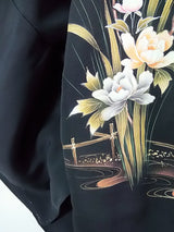 狀況良好，黑色羽織，花卉圖案，金色，手繪，絲綢產品，日本產品，和服夾克