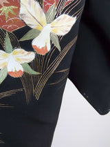 Inutilisé, magnifique haori noir avec motif d'éventail sur fleurs, doré, peint à la main, soie, produit japonais Veste de kimono