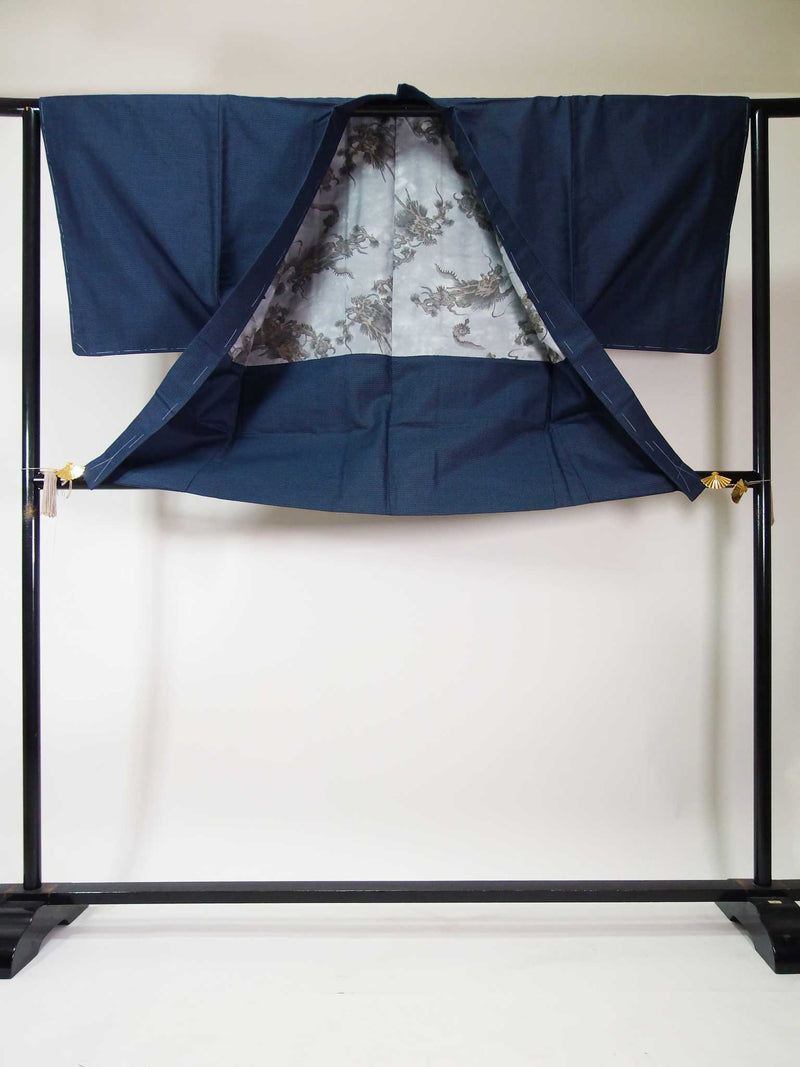 Unused men's kimono, two-piece set of haori jacket and kimono, pure silk, tortoiseshell design, navy blue