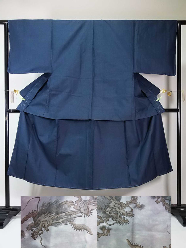 Unused men's kimono, two-piece set of haori jacket and kimono, pure silk, tortoiseshell design, navy blue