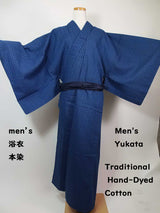 Yukata Homme en Coton | Motif à Carreaux Indigo Teint à la Main | Bleu Marine | Kimono d'Été Japonais