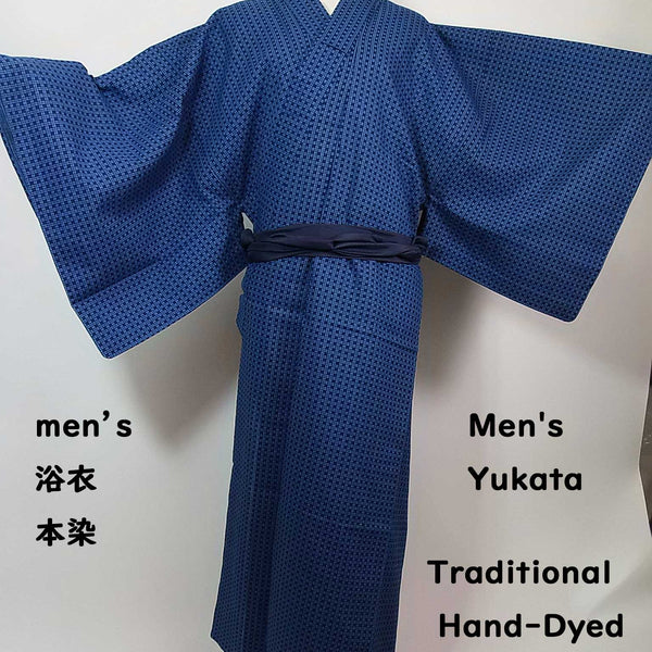 本染め 藍格子 メンズ浴衣 綿 紺青色 男性用 / Men's Yukata Hand-Dyed