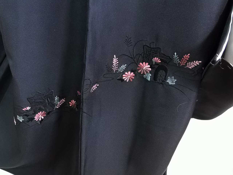 Haori noir inutilisé, broderie, motif floral, pure soie, veste de kimono.