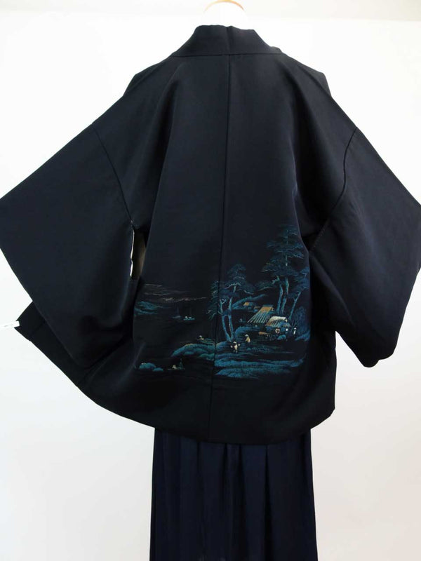 Beautiful Black Haori, Chaya Tsuji pattern, Pure silk Kimono jacket