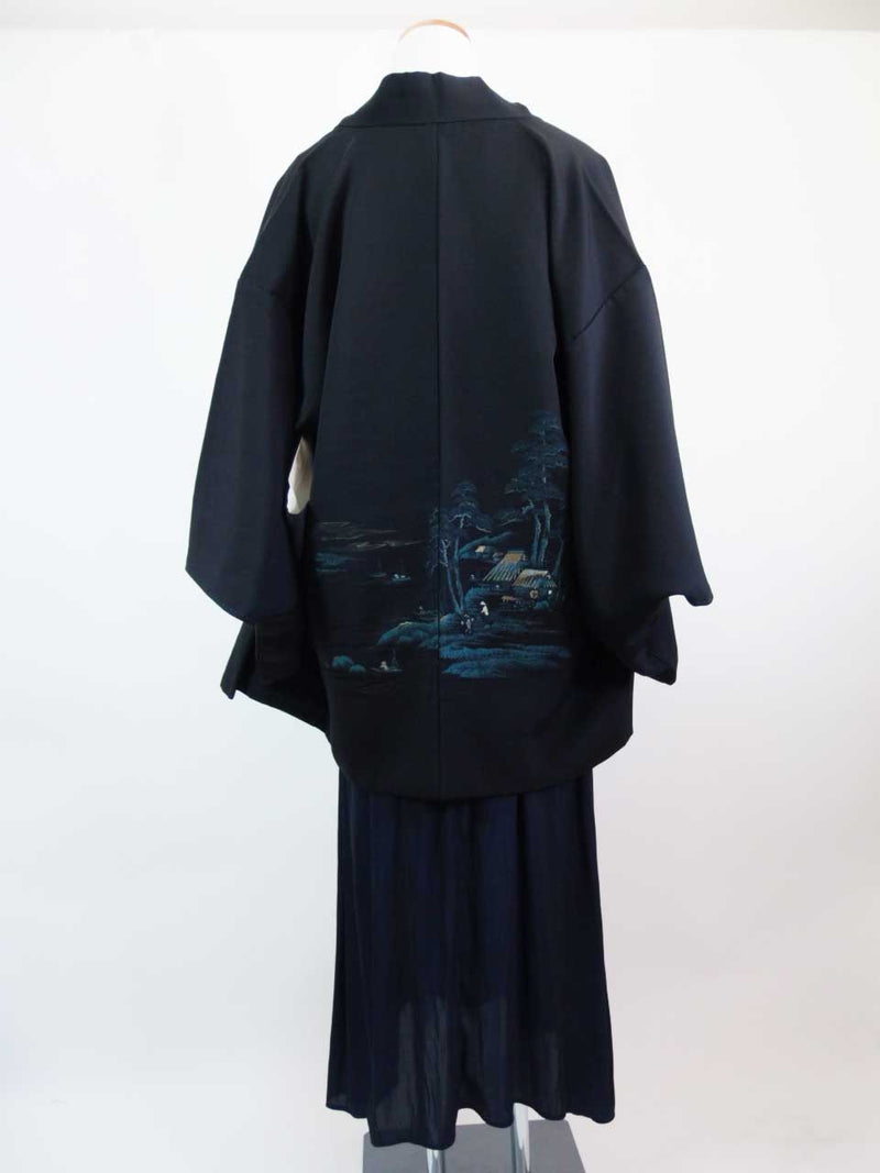 美丽的黑色纱织，茶屋辻图案，纯丝绸和服外套