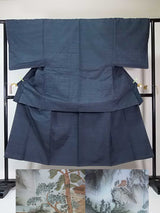 Kimono pour homme non utilisé, ensemble de deux pièces composé d'une veste haori et d'un kimono, en soie, de couleur bleu-gris, magnifique.