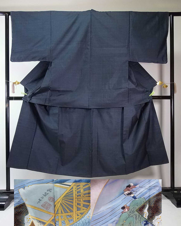 Unused man's kimono, 2-piece set of haori jacket and kimono, turtle shell design, Oshima pongee brand, pure silk, dark blue