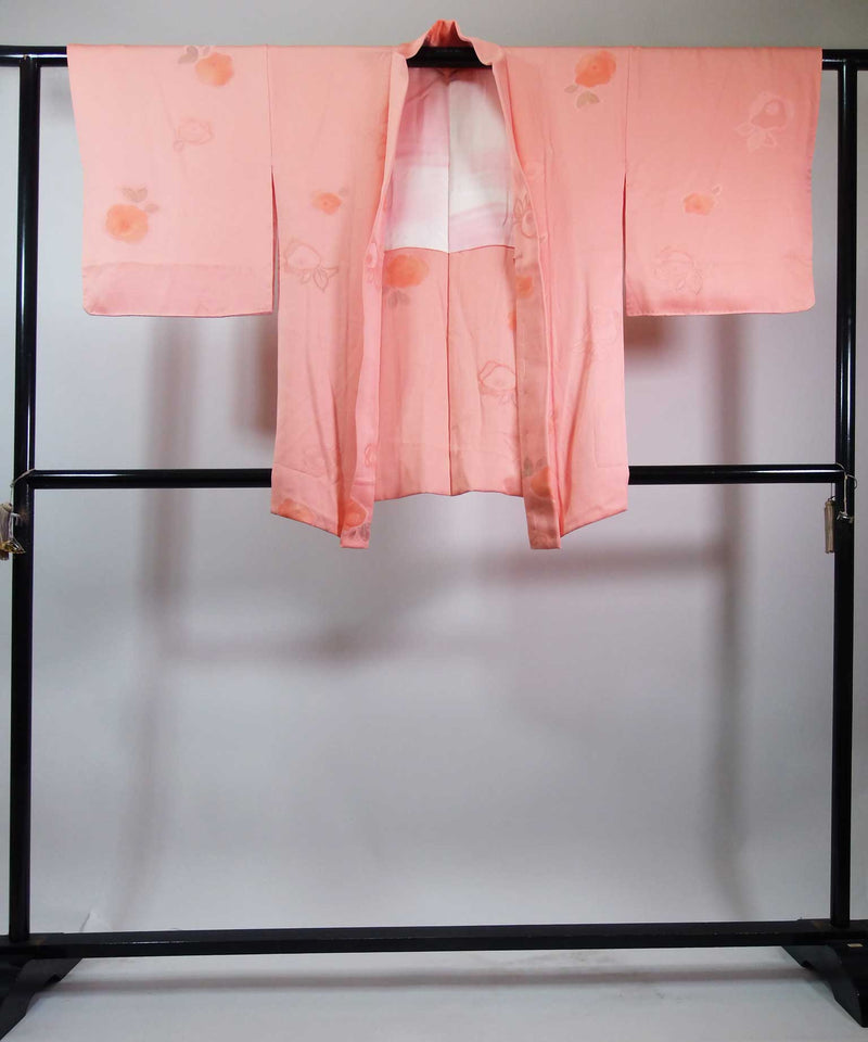 未使用　美品　羽織　橘文様　花文様　絹製品　日本製品　Kimono jacket　ピンク