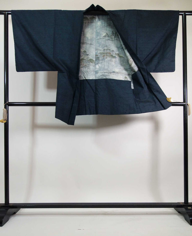 Beautiful man's kimono, 2-piece set of haori jacket and kimono, bearded pongee, patternless, navy blue 2-3