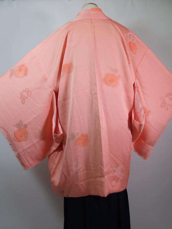 未使用　美品　羽織　橘文様　花文様　絹製品　日本製品　Kimono jacket　ピンク