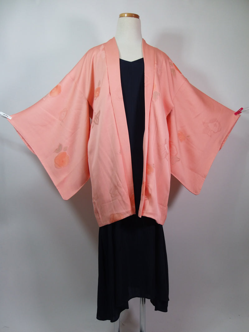 未使用　美品　羽織　橘文様　花文様　絹製品　日本製品　Kimono jacket　ピンク