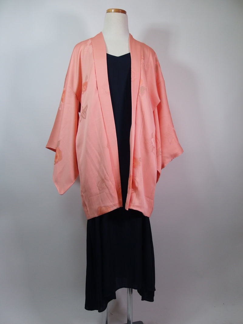 未使用　美品　羽織　橘文様　花文様　絹製品　日本製品　Kimono jacket　ピンク