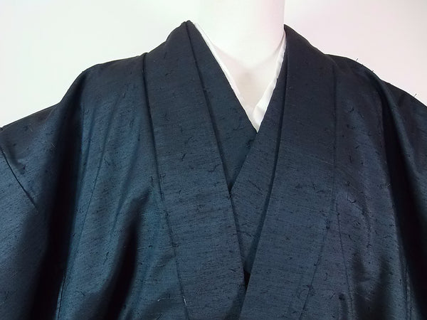 Magnifique ensemble deux pièces de kimono pour homme, veste haori et kimono, pongé barbu, sans motif, bleu marine 2-3