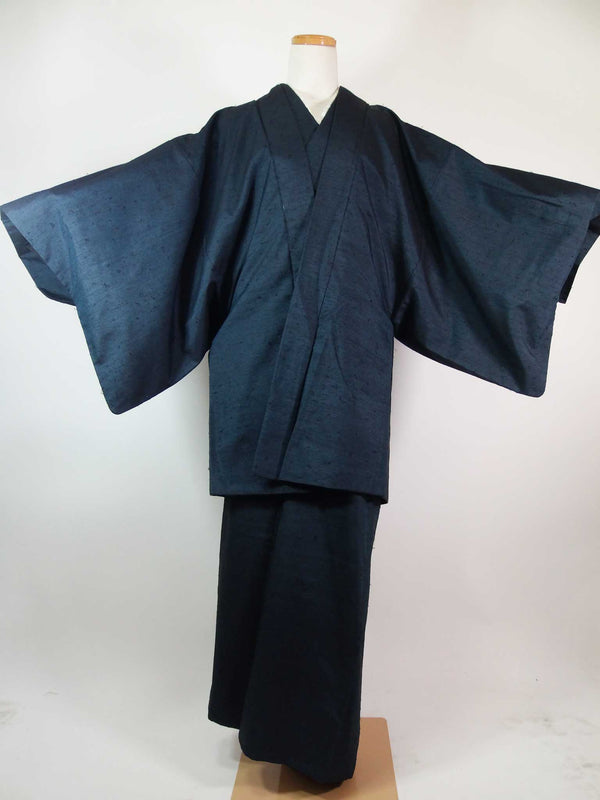 Magnifique ensemble deux pièces de kimono pour homme, veste haori et kimono, pongé barbu, sans motif, bleu marine 2-3