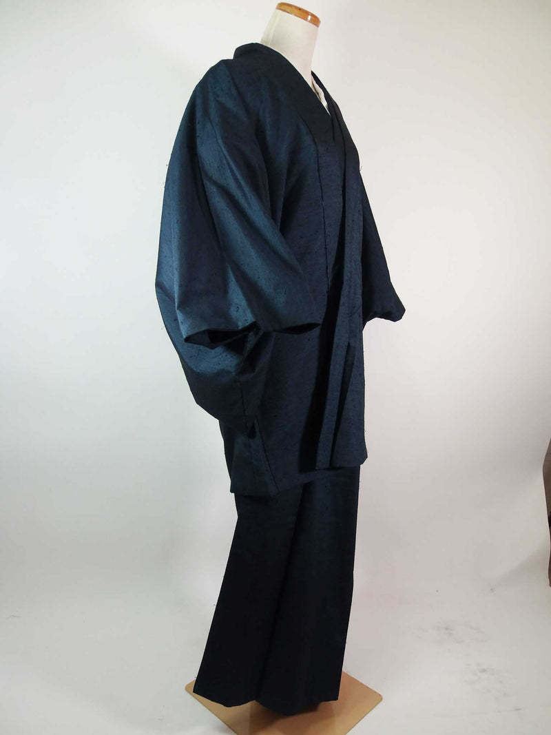 Beautiful man's kimono, 2-piece set of haori jacket and kimono, bearded pongee, patternless, navy blue 2-3