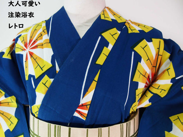 大人可愛い　注染浴衣　レトロ　モダン柄　本染　コーマ地　青色系　手縫い 日本製品　Japanese yukata