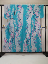 幾乎完好 正品染色浴衣 復古花朵和蝴蝶圖案 淺藍色 x 灰色 精梳面料日式浴衣