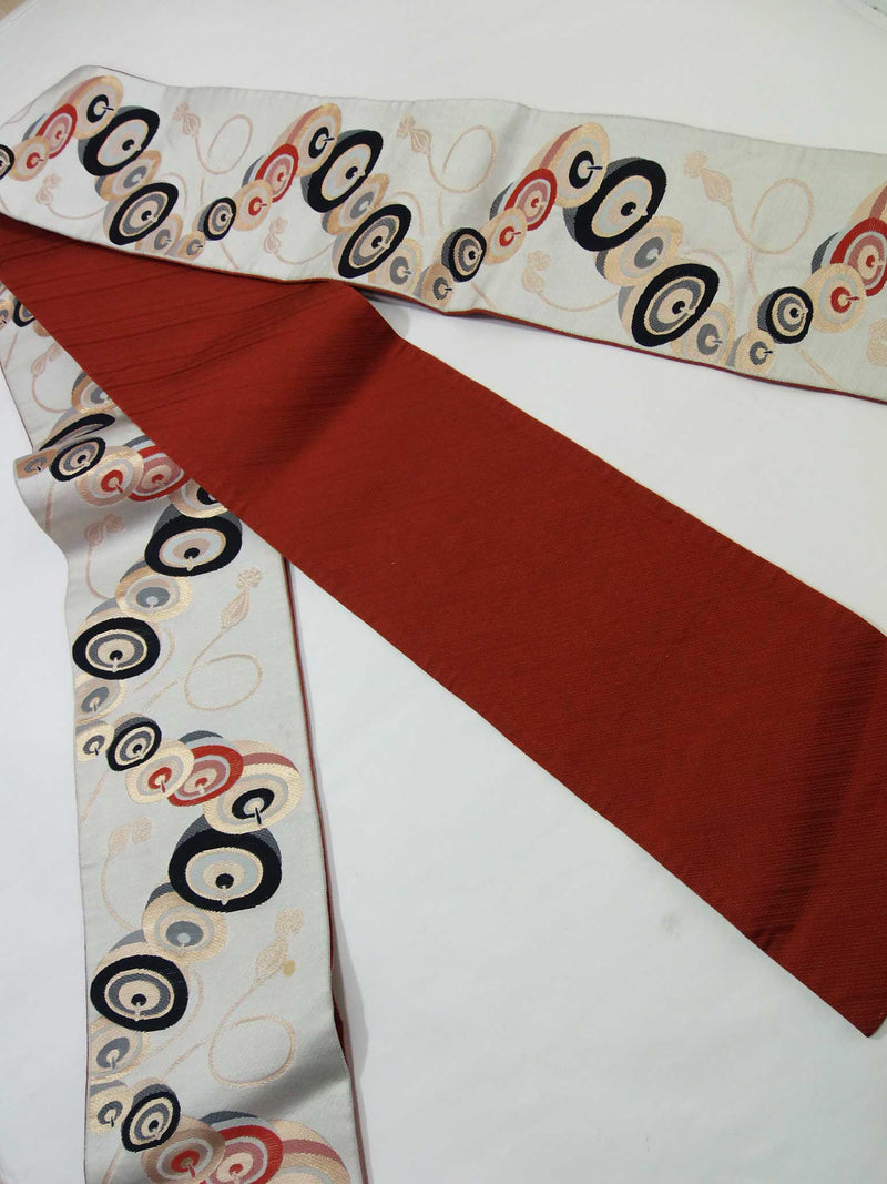 Yukata obi, sachet demi-largeur, obi étroit, motif en pièces, fabriqué au Japon, réversible, en polyester, yukata obi, brun rougeâtre x ivoire.