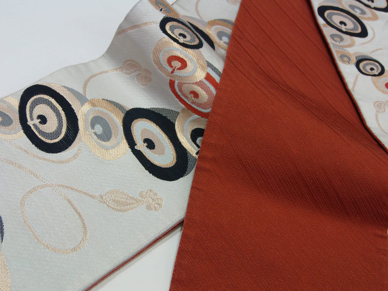 Yukata obi, half-width sachet, narrow obi, piece pattern, made in Japan, polyester, reversible, yukata obi, reddish brown and ivory