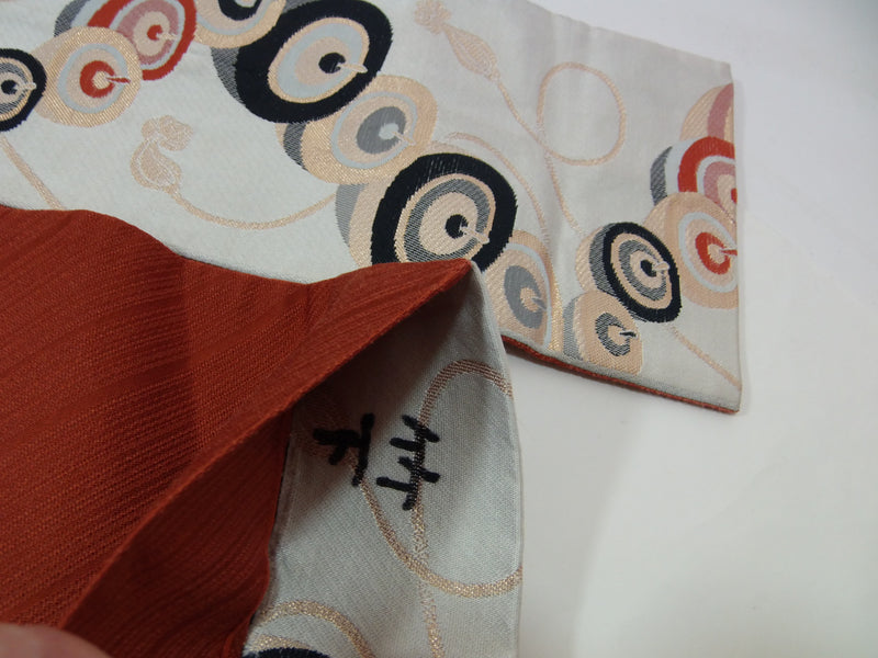 浴衣帯　半幅　小袋　細帯　駒模様　日本製品　ポリエステル製　リバーシブル yukata obi 赤茶×アイボリー