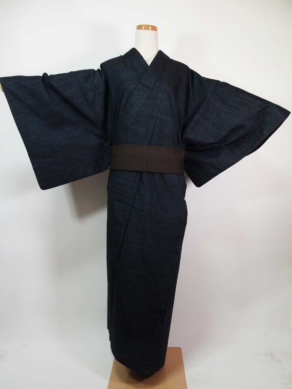 Beautiful Men's Kimono, 3-piece set of haori jacket, kimono and square belt, pongee kimono, pure silk, no pattern, beautiful, dark blue color 2-2