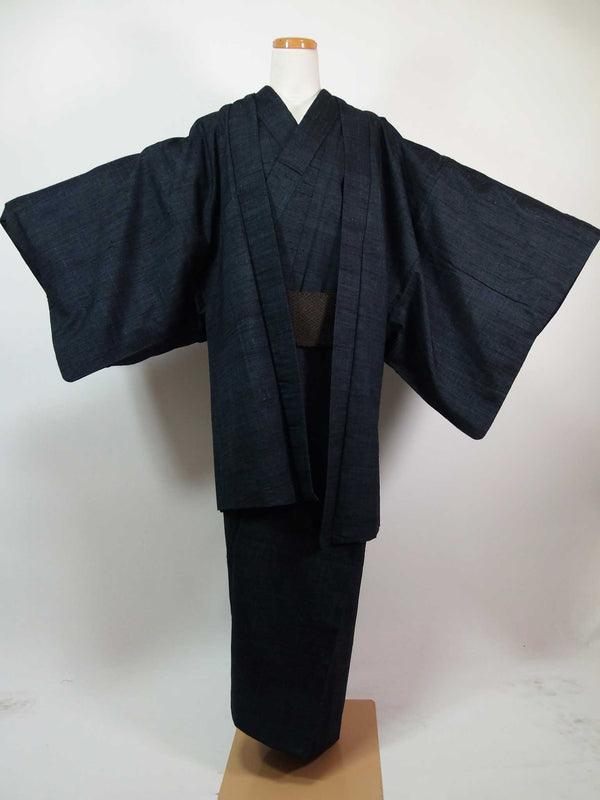 Beautiful Men's Kimono, 3-piece set of haori jacket, kimono and square belt, pongee kimono, pure silk, no pattern, beautiful, dark blue color 2-2