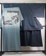 大島紬 男着物 三点セット 正絹 羽織 長襦袢 紺色 亀甲文様 メンズ着物セット Men's Kimono Set No.7