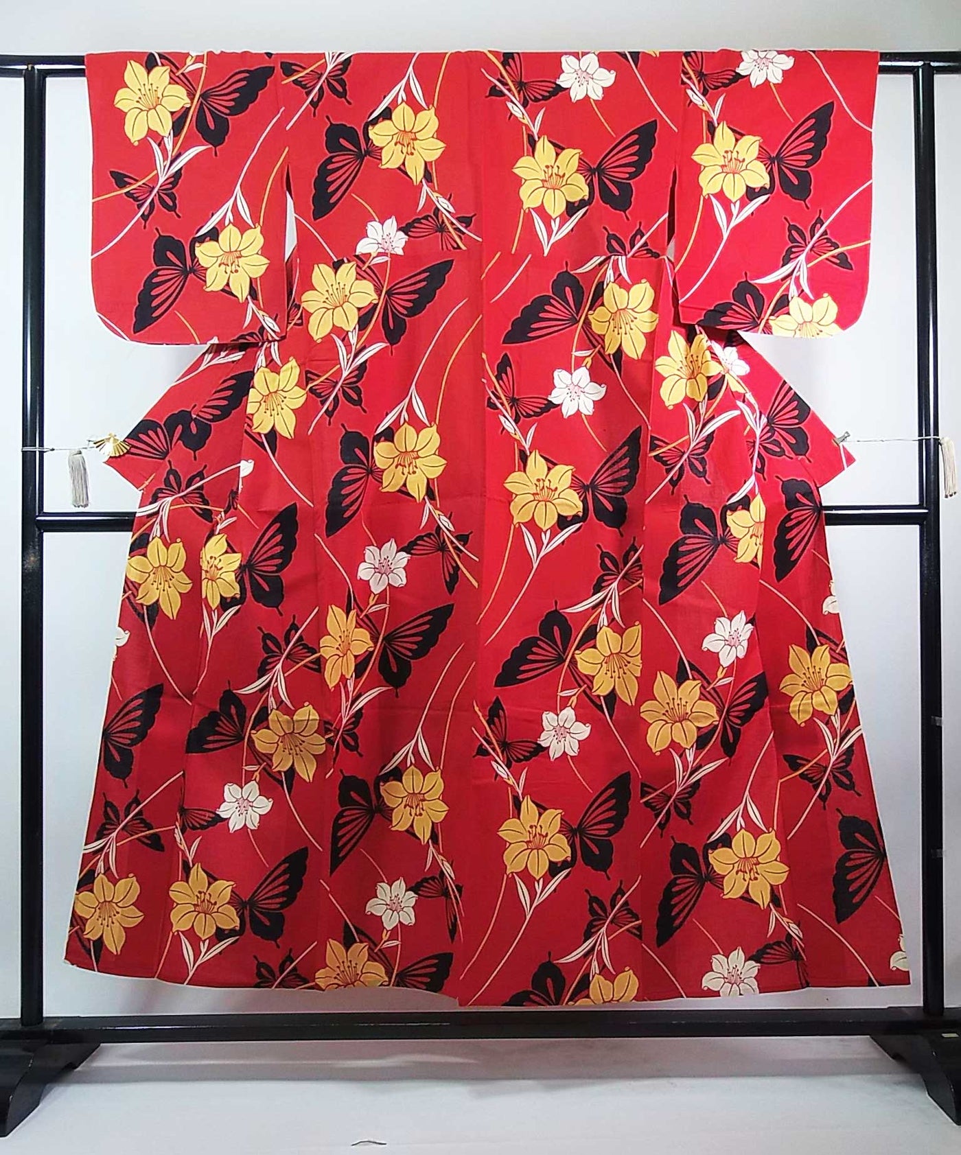 美品 レディース 浴衣 注染 本染め 手染め ハイビスカスに蝶々