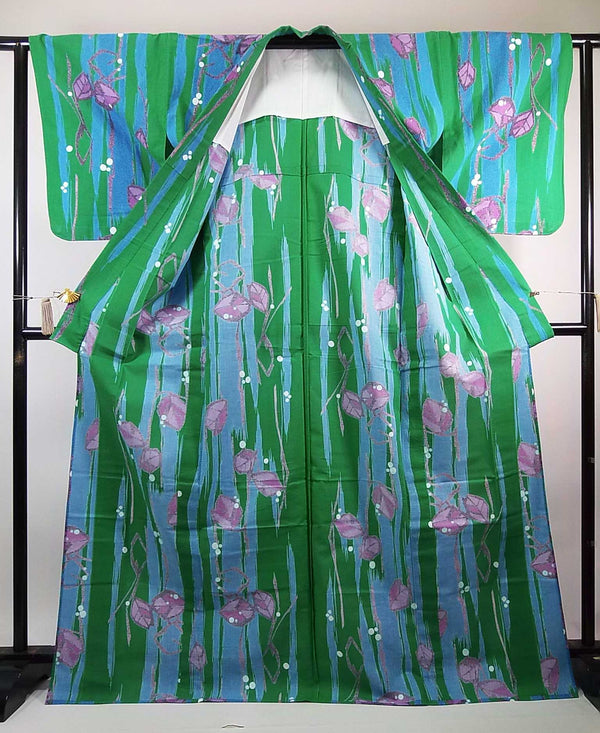 美品　レディース　浴衣　モダンリーフ模様　手縫い　緑色　反物からお仕立て