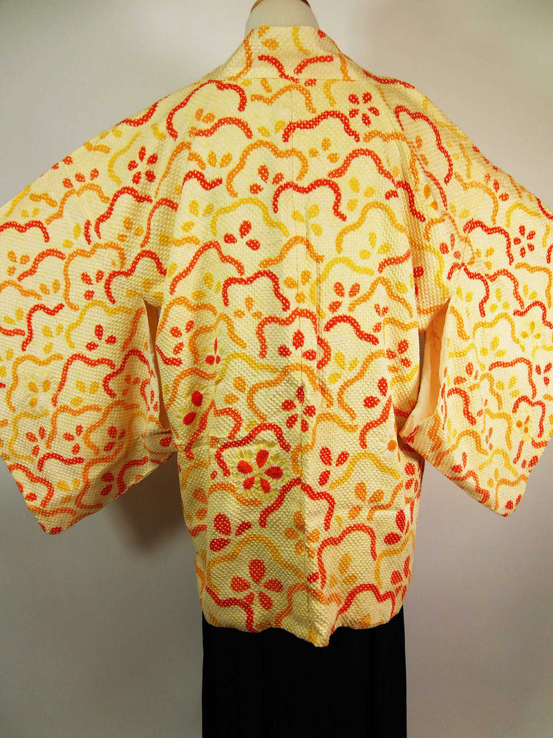 美品　総絞り　羽織　オレンジ色　花模様　日本製　絹製　Kimono jacket