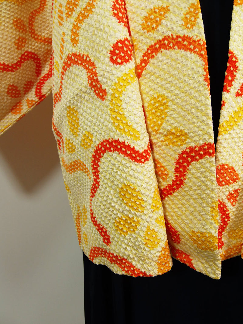 美品　総絞り　羽織　オレンジ色　花模様　日本製　絹製　Kimono jacket