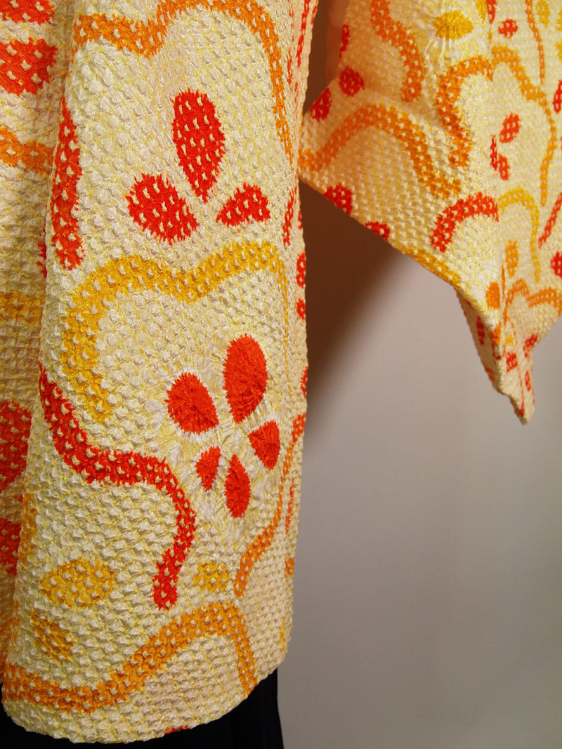 美品　総絞り　羽織　オレンジ色　花模様　日本製　絹製　Kimono jacket