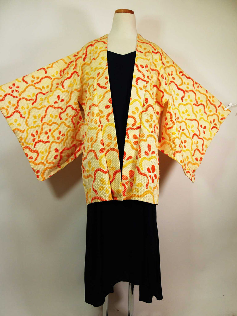 美品　総絞り　羽織　オレンジ色　花模様　日本製　絹製　Kimono jacket