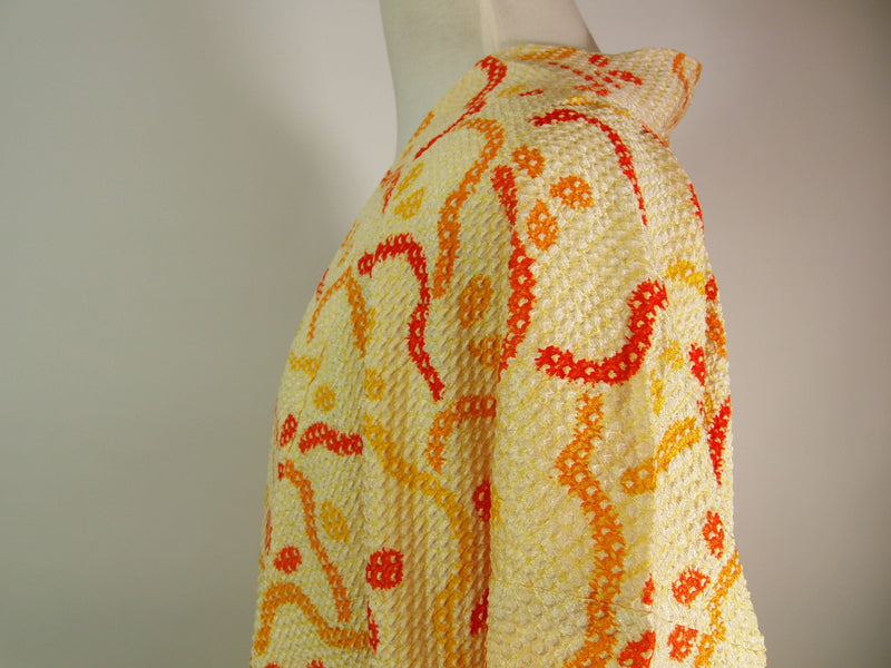 美品　総絞り　羽織　オレンジ色　花模様　日本製　絹製　Kimono jacket