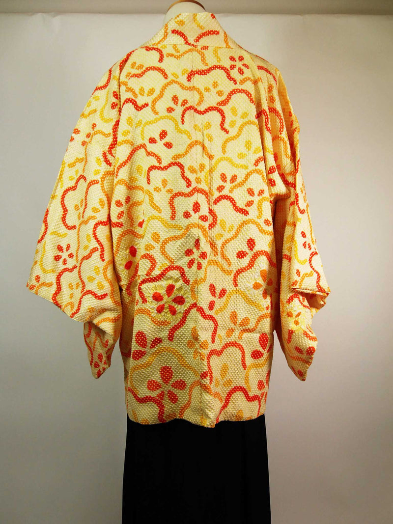 美品　総絞り　羽織　オレンジ色　花模様　日本製　絹製　Kimono jacket