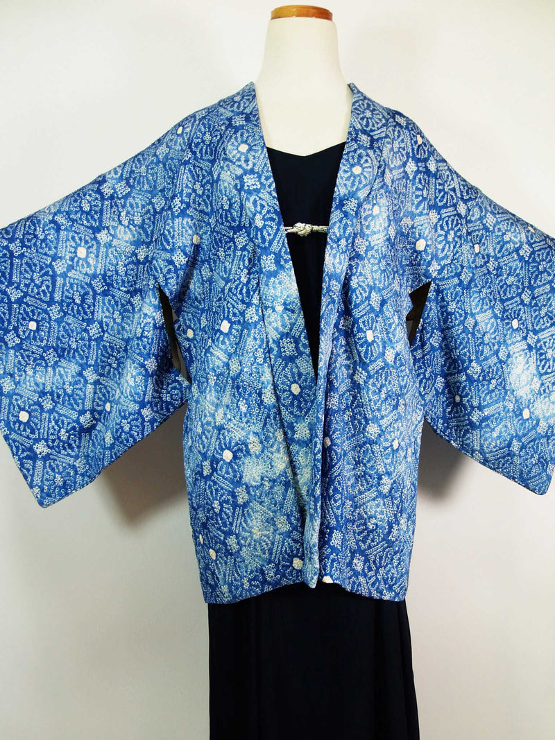 総絞り　羽織　水色　花模様　日本製　絹製　Kimono jacket