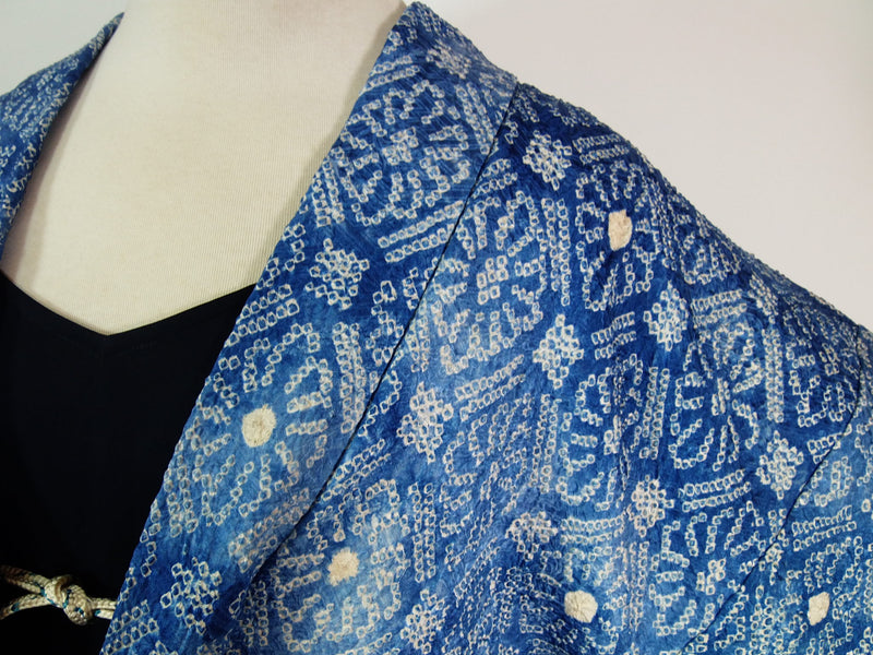総絞り　羽織　水色　花模様　日本製　絹製　Kimono jacket