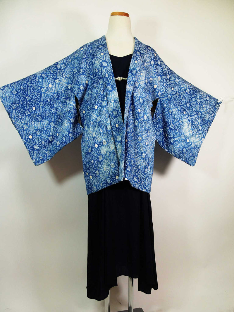 総絞り　羽織　水色　花模様　日本製　絹製　Kimono jacket