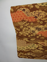 美品　女性　着物　小紋　風景模様　縮緬　正絹　手縫い　茶色　Japanese kimono