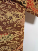 美品　女性　着物　小紋　風景模様　縮緬　正絹　手縫い　茶色　Japanese kimono