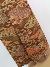 美品　女性　着物　小紋　風景模様　縮緬　正絹　手縫い　茶色　Japanese kimono