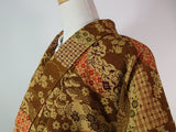 美品　女性　着物　小紋　風景模様　縮緬　正絹　手縫い　茶色　Japanese kimono