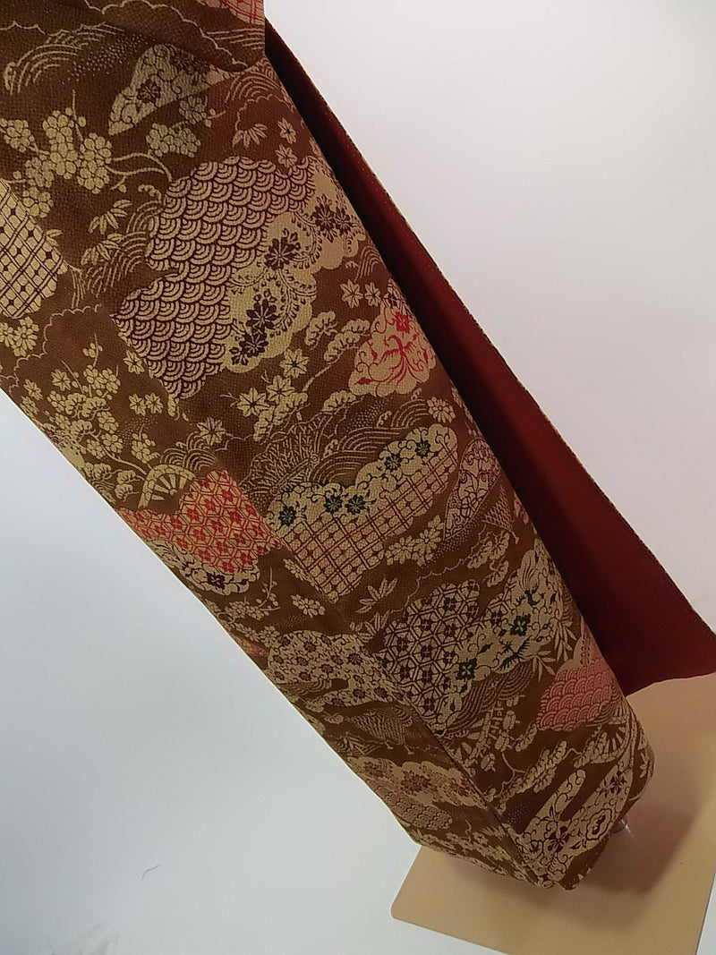 Beautiful women's kimono, komon, crepe crepe with landscape pattern, hand-stitched, brown, Japanese kimono