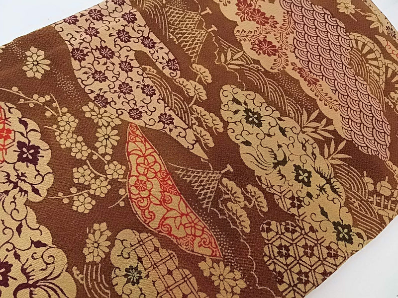 美品　女性　着物　小紋　風景模様　縮緬　正絹　手縫い　茶色　Japanese kimono