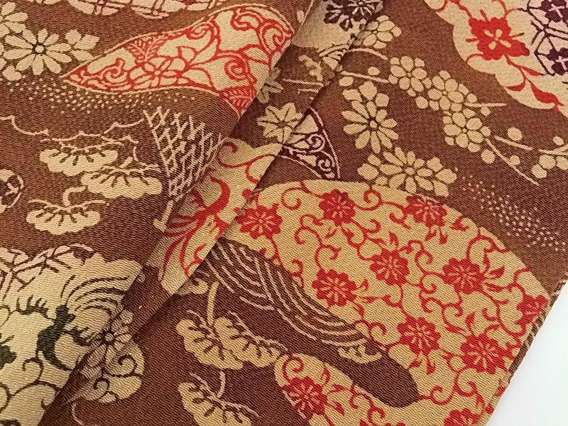 美品　女性　着物　小紋　風景模様　縮緬　正絹　手縫い　茶色　Japanese kimono