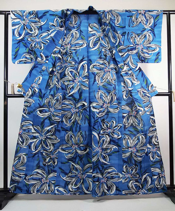 ほぼ美品　レディース　浴衣　注染　本染め　花模様　水色　反物からお仕立て