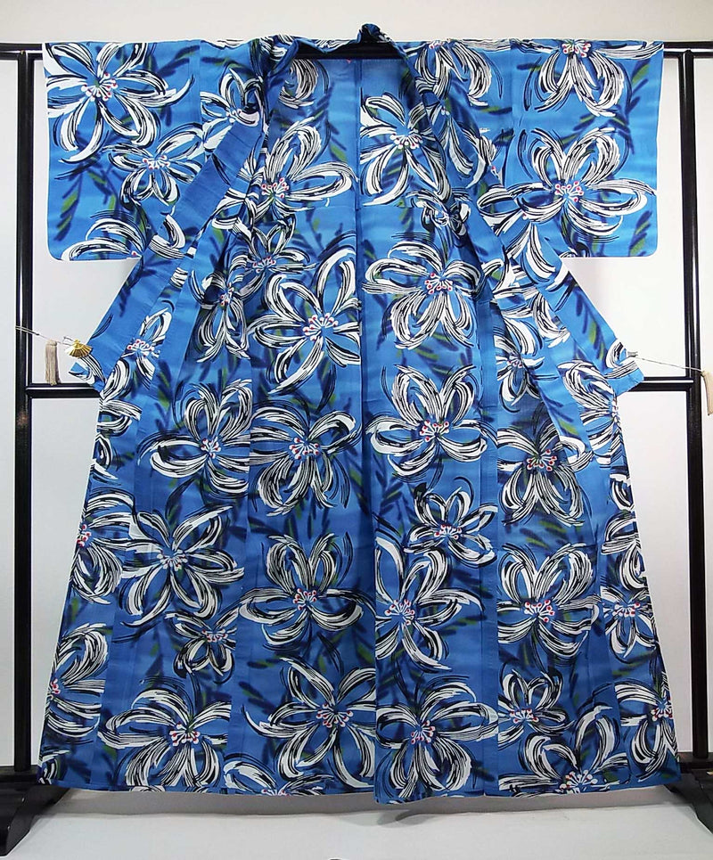 ほぼ美品　レディース　浴衣　注染　本染め　花模様　水色　反物からお仕立て