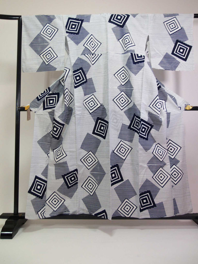 Yukata teint par injection, motif Masu, yukata japonais blanc