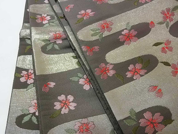半幅帯 正絹 桜柄 銀地 花模様 おしゃれ 和装 浴衣に