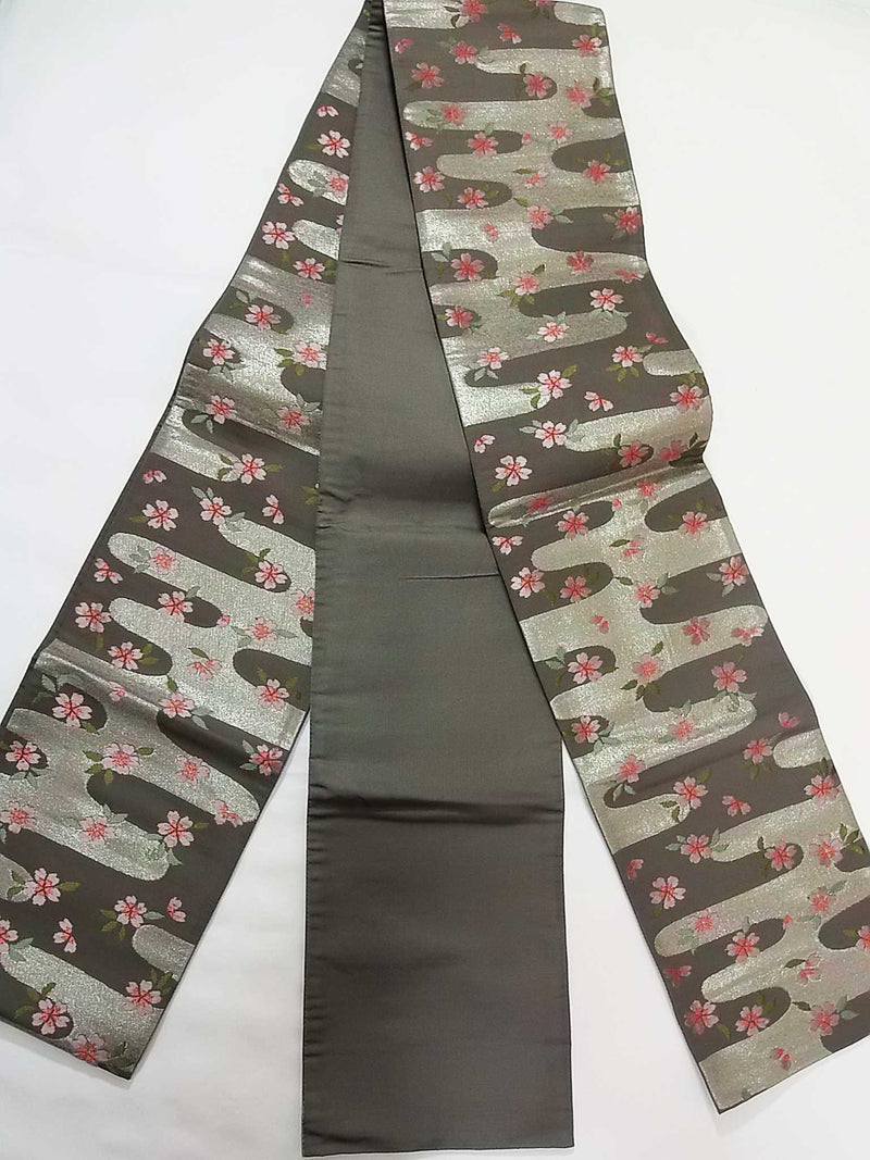 半幅帯 正絹 桜柄 銀地 花模様 おしゃれ 和装 浴衣に